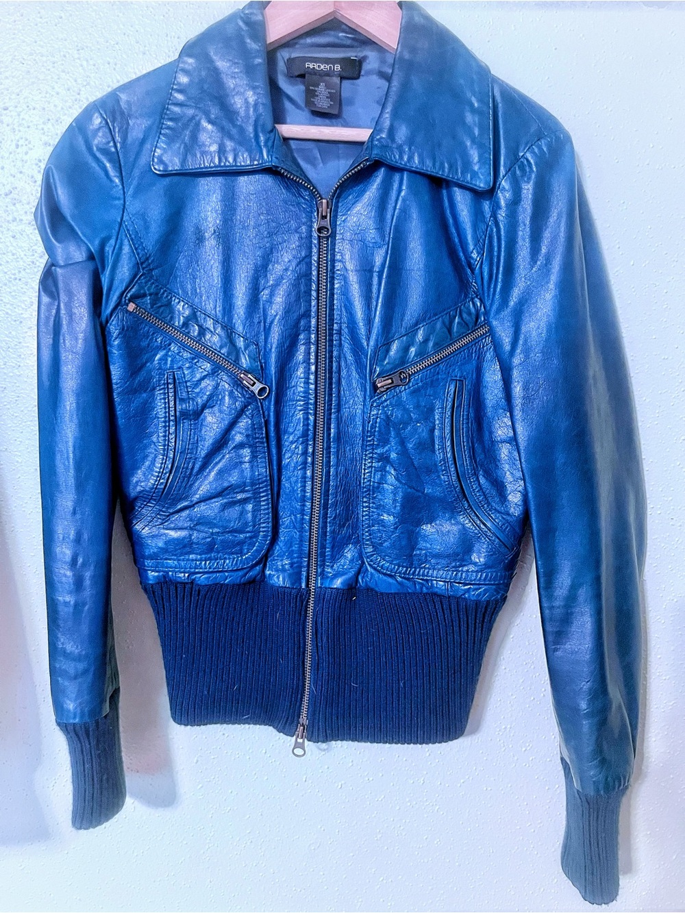 Arden B. Teal Blue Leather Aviator Bomber ribbed knit Jacket y2k moto cropped xs